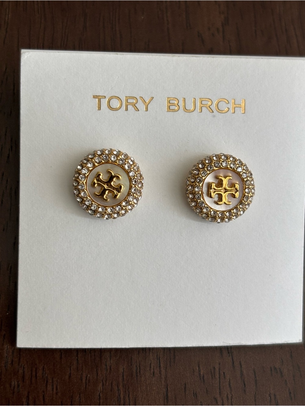 Brand new Tory Burch Gold Logo Crystal Halo Stud Earrings
